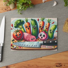 Load image into Gallery viewer, Glass Cutting Board — Cute "Crime Scene" Veggie Kitchen Cutting Board