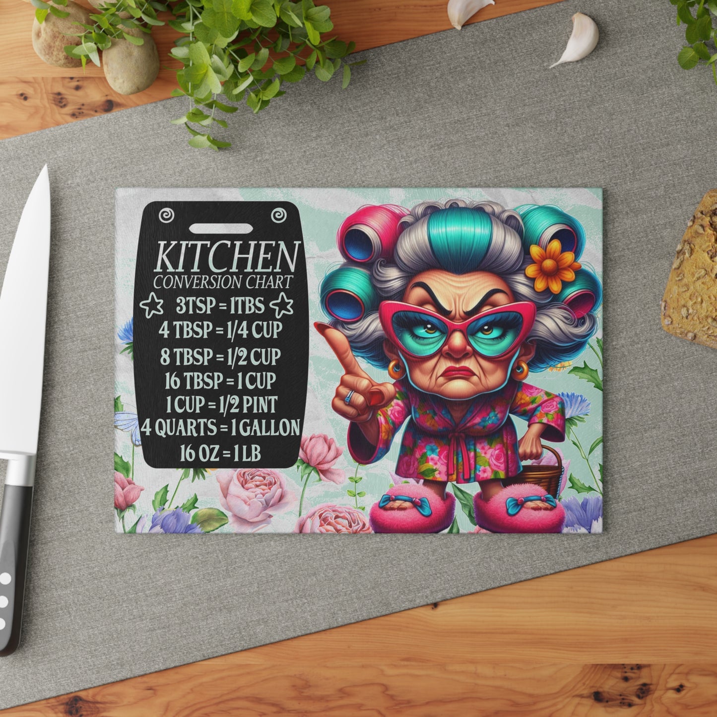 Glass Cutting Board — Funny Granny Kitchen Conversion Chart Design