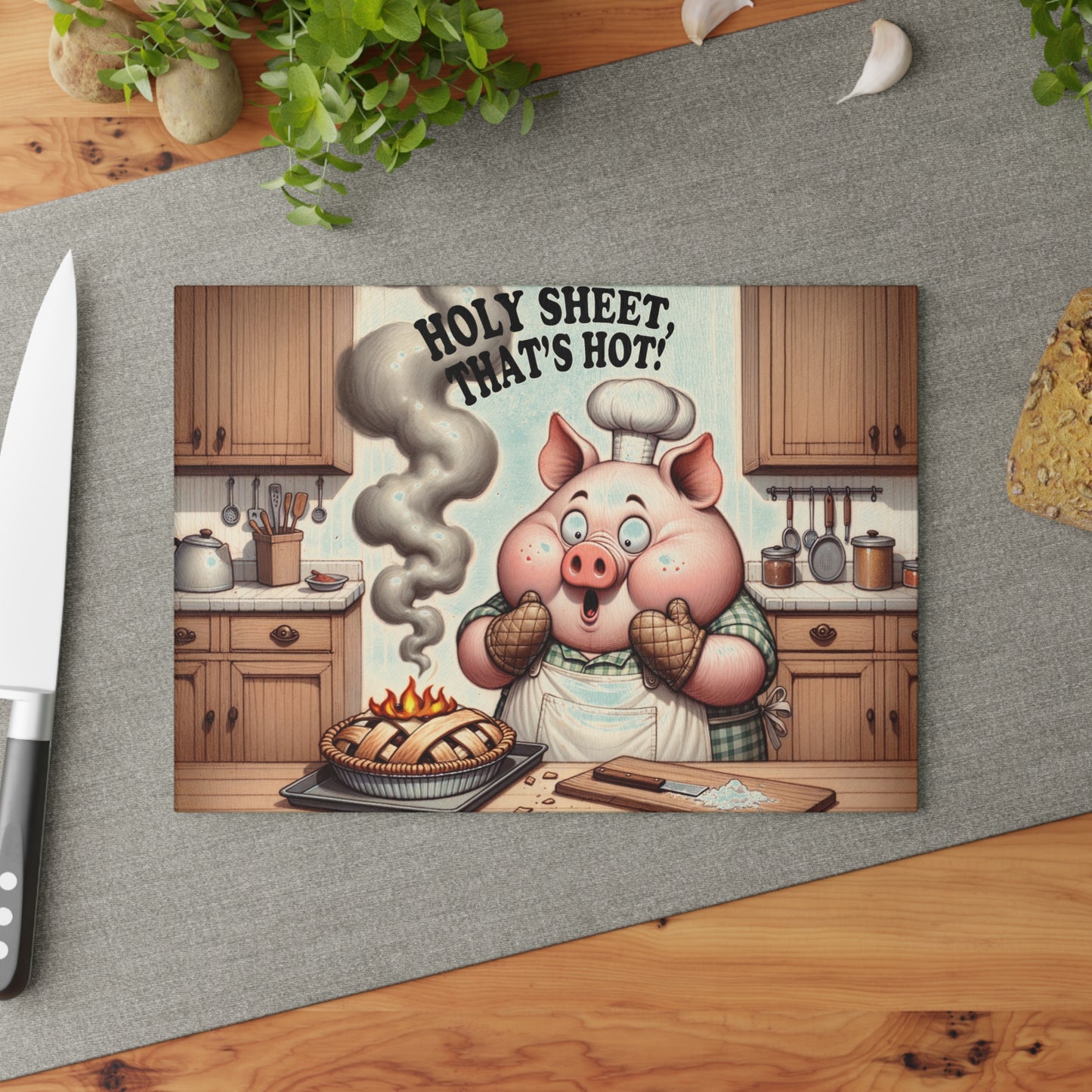 Glass Cutting Board — 'Holy Sheet, That's Hot!' Retro Pig Chef Kitchen Decor