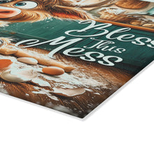 Load image into Gallery viewer, Glass Cutting Board — Cute Highland Cow Kitchen Decor “Bless This Mess”