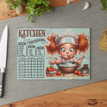 Load image into Gallery viewer, Glass Cutting Board — Cute Redhead Chef with Kitchen Conversions Chart