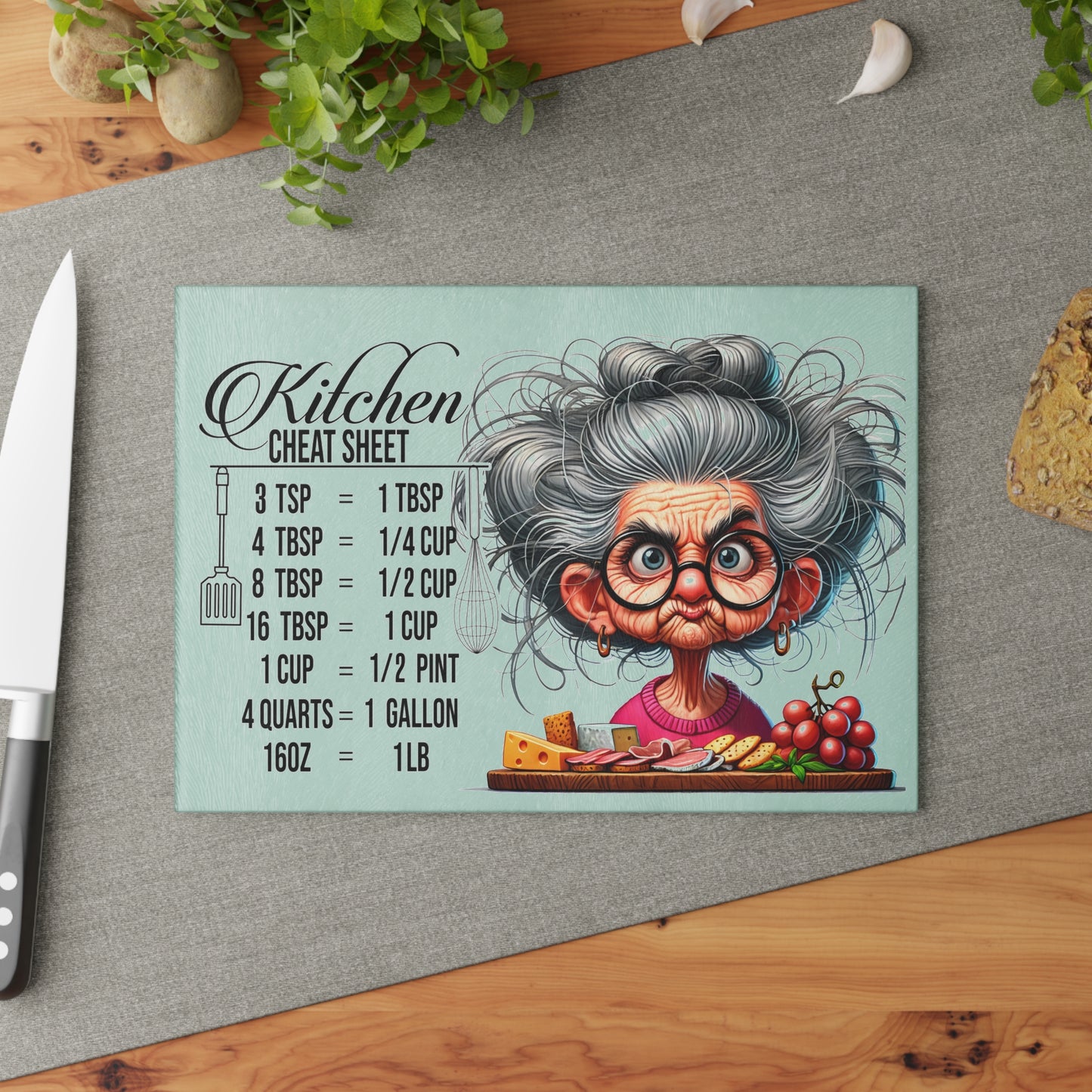 Glass Cutting Board — Funny Kitchen Cheat Sheet with Grandma Conversion Guide