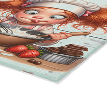 Load image into Gallery viewer, Glass Cutting Board — Cute Redhead Chef with Kitchen Conversions Chart