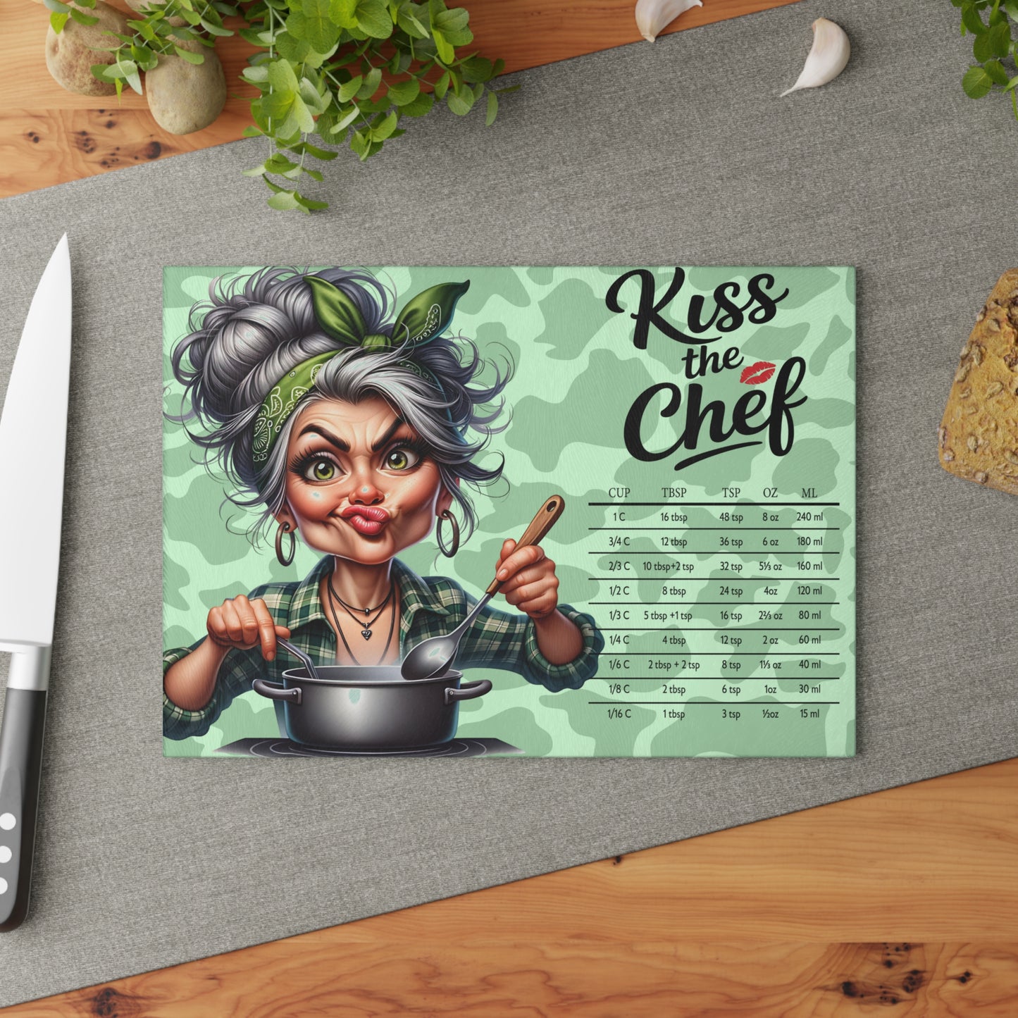 Glass Cutting Board — "Kiss the Chef" Retro Chef Conversion Chart Kitchen Decor