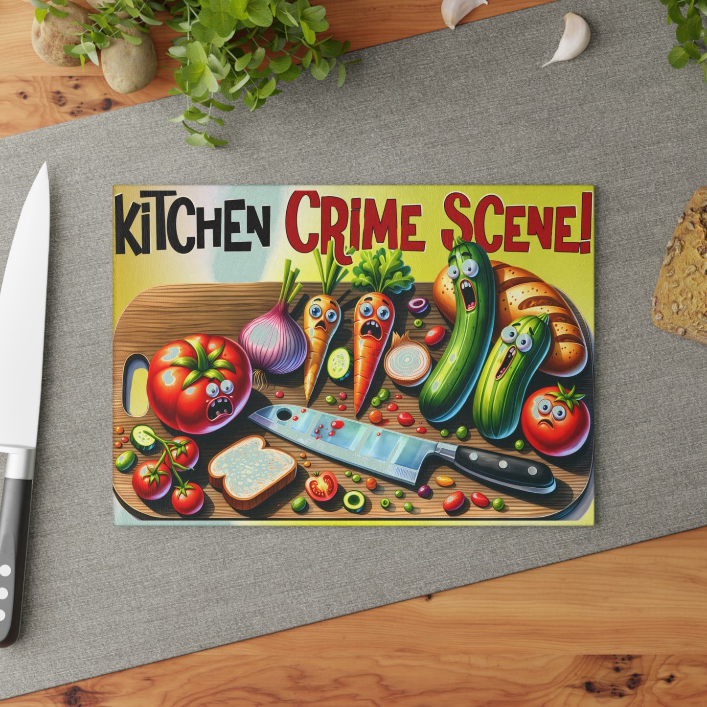 Kitchen Crime Scene Glass Cutting Board – Funny Vegetable Murder Chef Gift