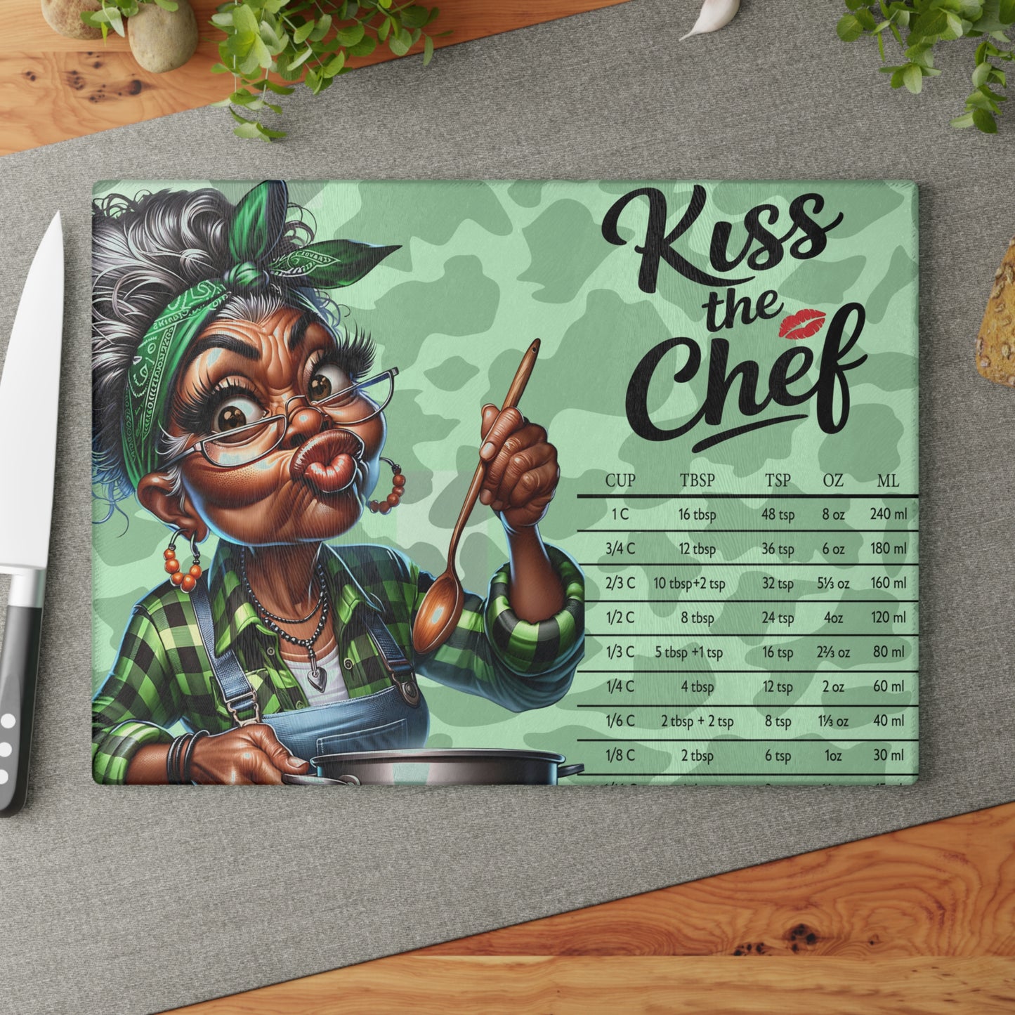 Glass Cutting Board - "Kiss the Chef" Retro Grandma Kitchen Conversion Chart