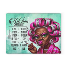Load image into Gallery viewer, Kitchen Cheat Sheet Glass Cutting Board — Funny Grandma with Rollers Measurement Conversion