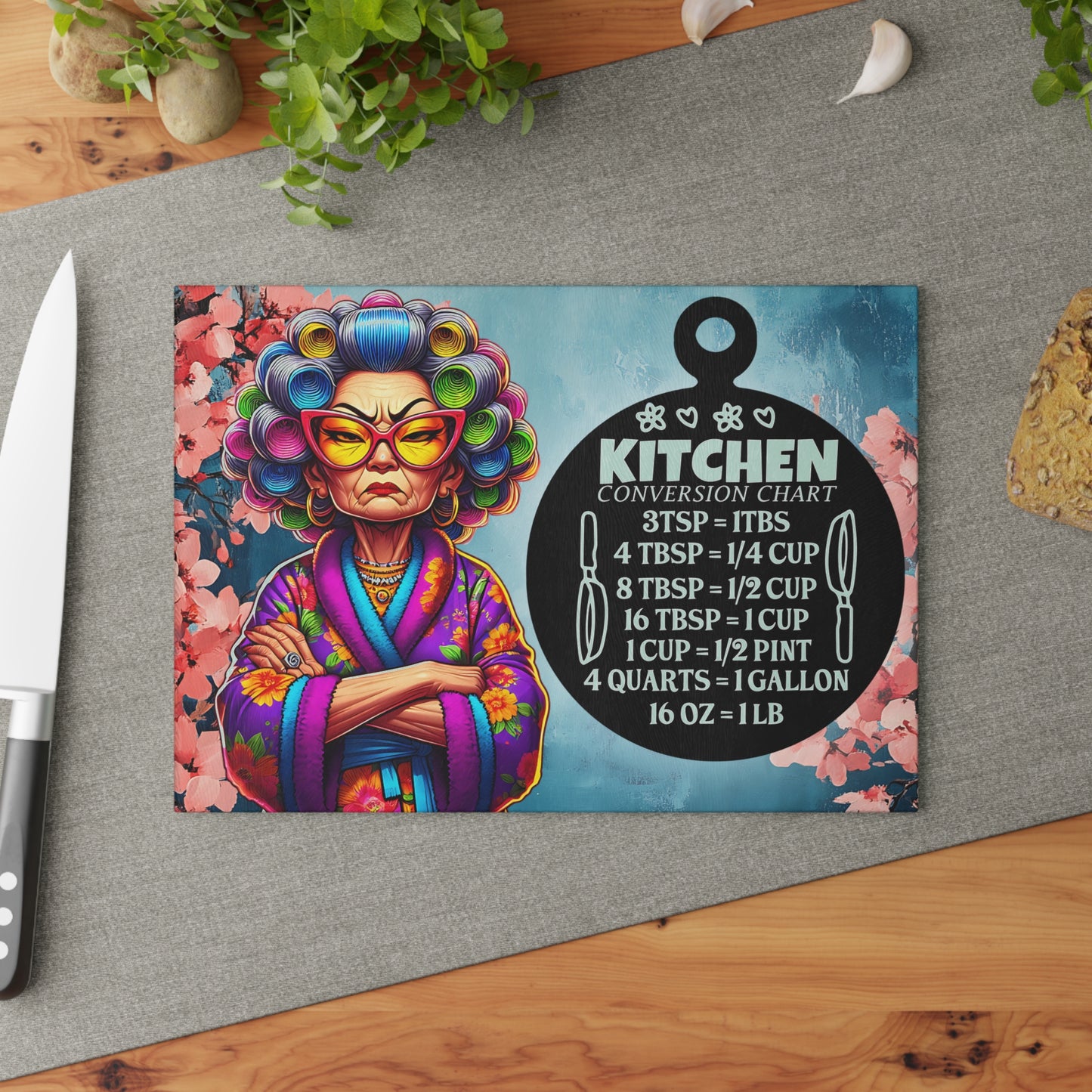 Glass Cutting Board — Funny Sassy Grandma Kitchen Conversion Chart Design