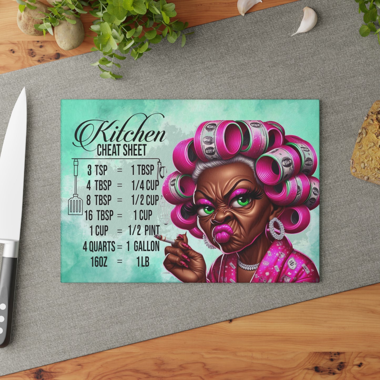 Kitchen Cheat Sheet Glass Cutting Board — Funny Grandma with Rollers Measurement Conversion