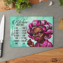 Load image into Gallery viewer, Kitchen Cheat Sheet Glass Cutting Board — Funny Grandma with Rollers Measurement Conversion