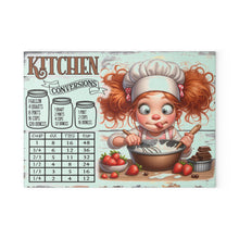 Load image into Gallery viewer, Glass Cutting Board — Cute Redhead Chef with Kitchen Conversions Chart