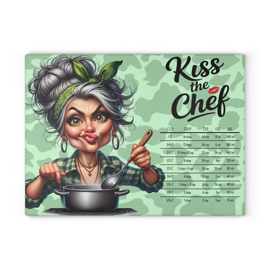 Glass Cutting Board — "Kiss the Chef" Retro Chef Conversion Chart Kitchen Decor