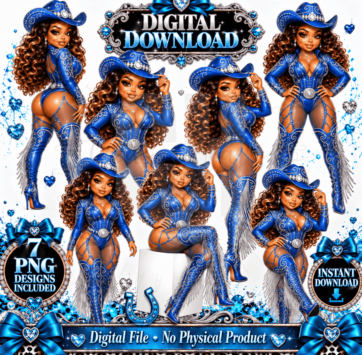 Blue Rhinestone Fancy Cowgirl Collection | 7 PNG Digital Designs