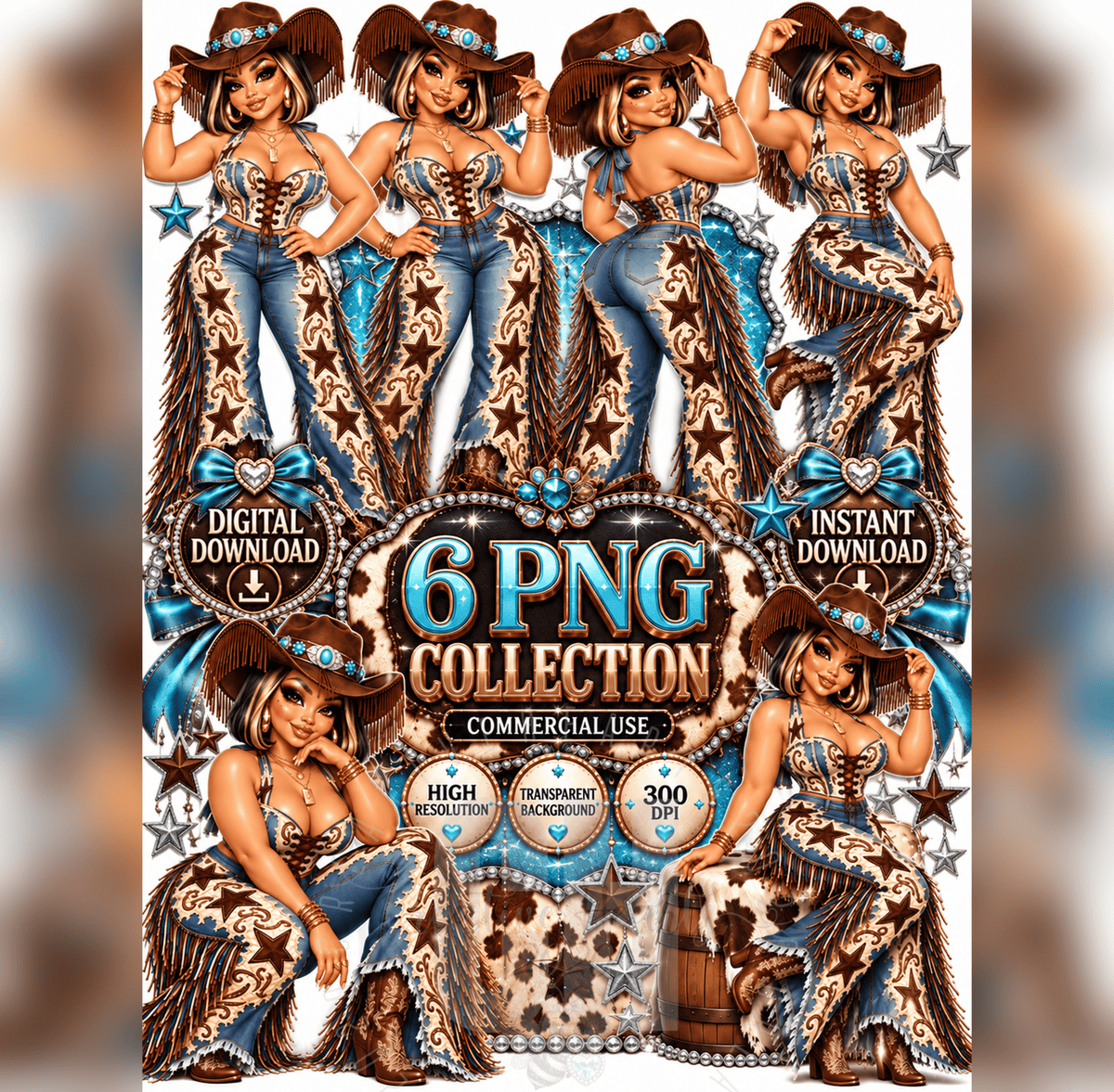 Western Glam Cowgirl Digital PNG Bundle | 6 High-Resolution Cowgirl Designs | Instant Download