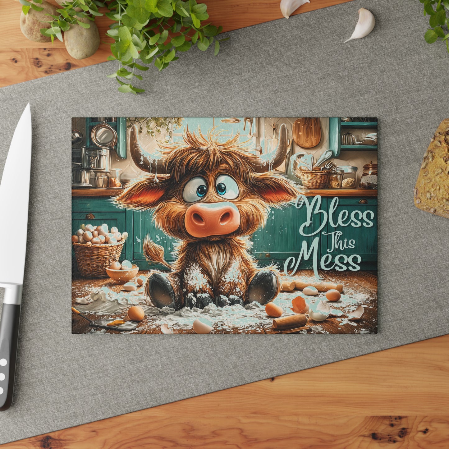 Glass Cutting Board — Cute Highland Cow Kitchen Decor “Bless This Mess”