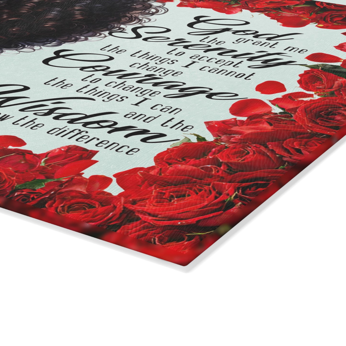 Glass Cutting Board — Serenity Prayer Design with Roses