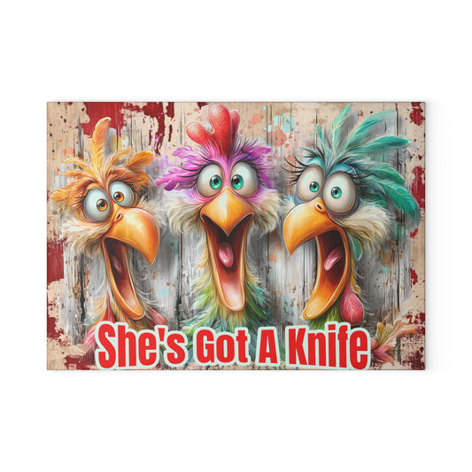 She's Got a Knife Glass Cutting Board — Funny Chicken Kitchen Decor