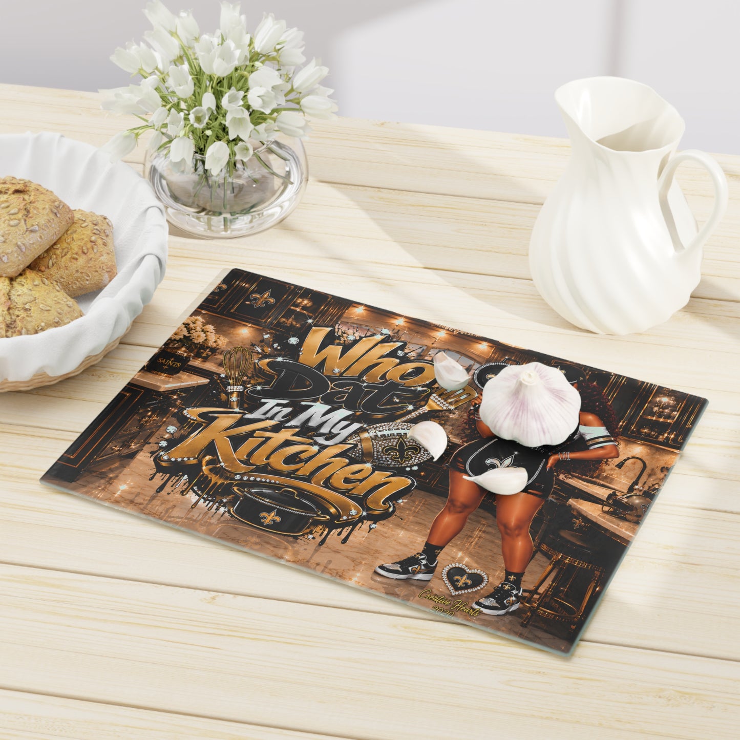Who Dat In My Kitchen Cutting Board – New Orleans Saints Themed Decorative Glass Chopping Board