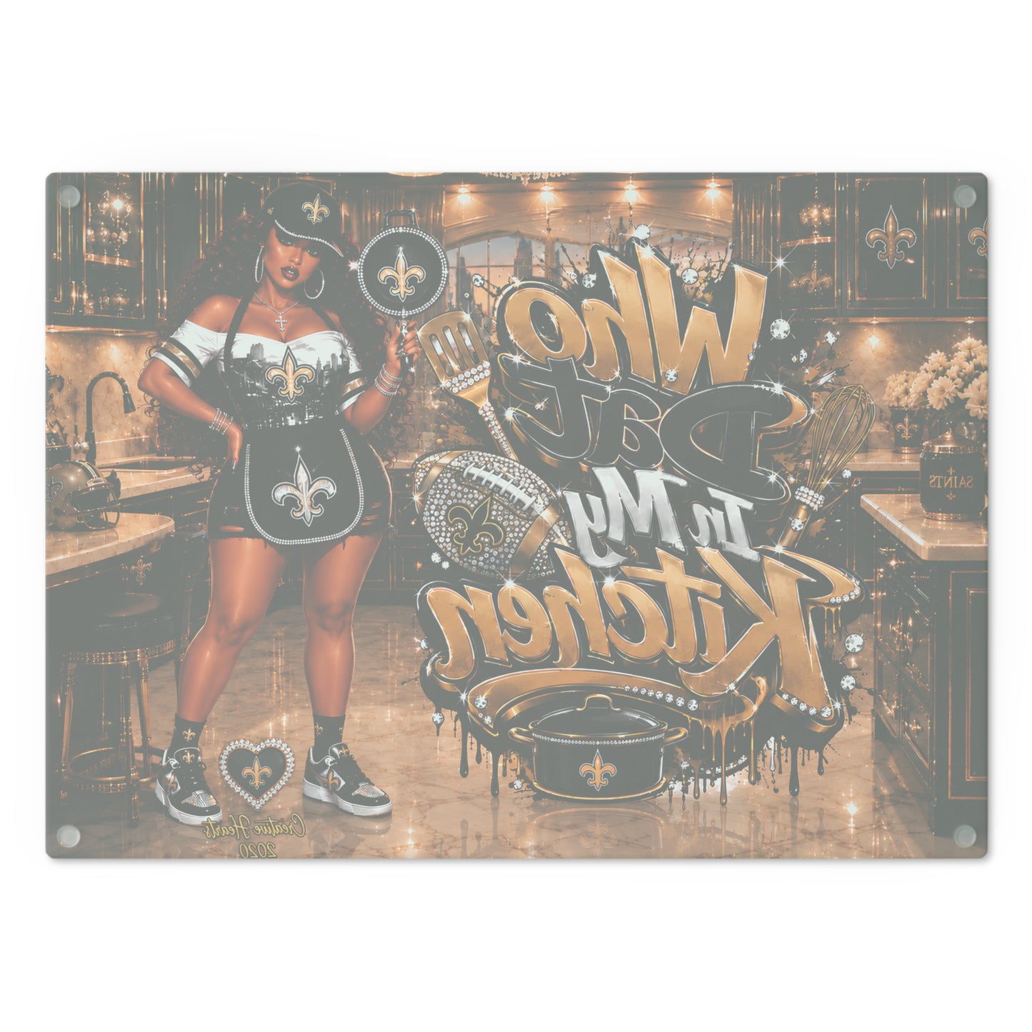 Who Dat In My Kitchen Cutting Board – New Orleans Saints Themed Decorative Glass Chopping Board