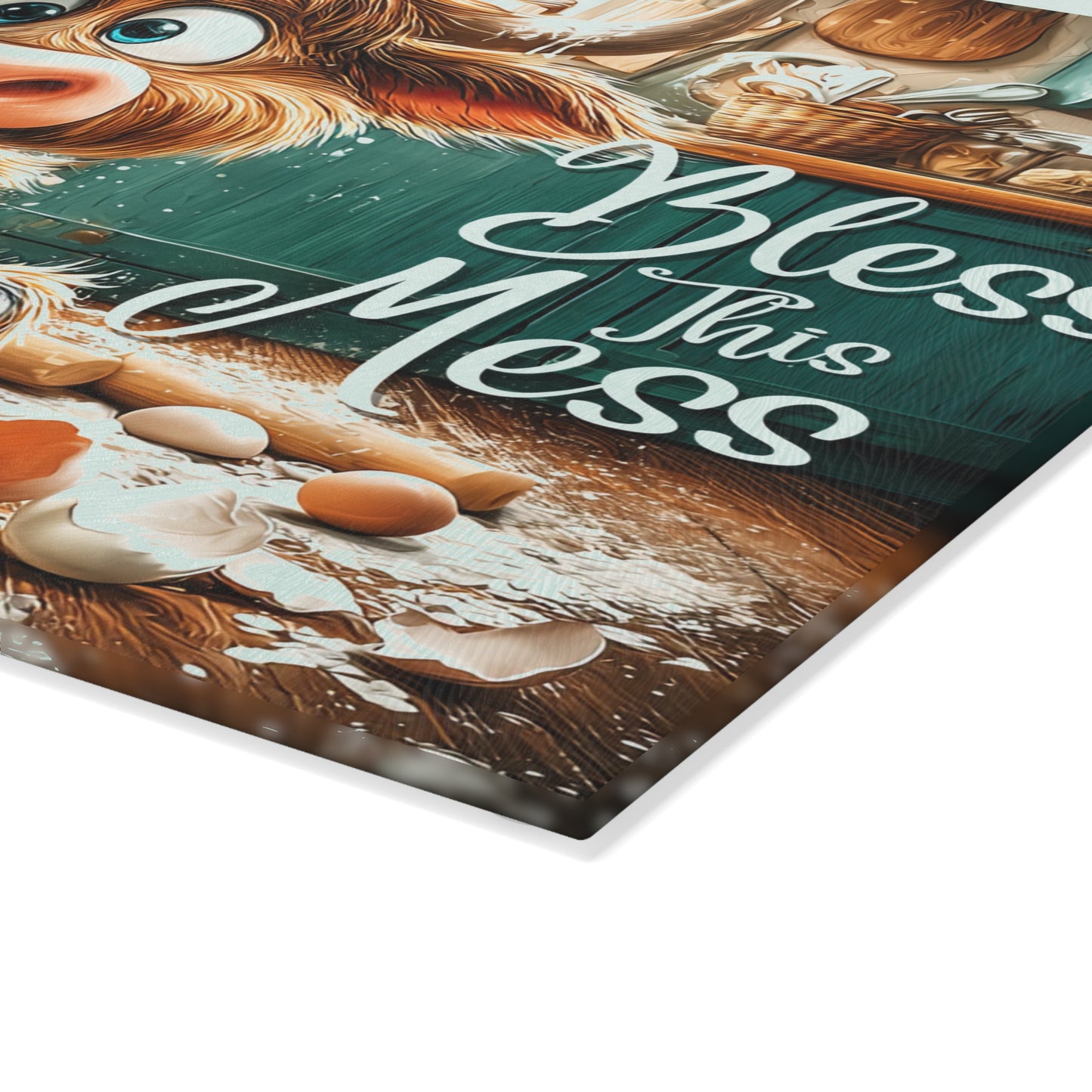 Glass Cutting Board — Cute Highland Cow Kitchen Decor “Bless This Mess”