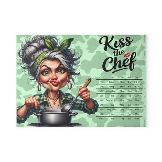 Glass Cutting Board — "Kiss the Chef" Retro Chef Conversion Chart Kitchen Decor
