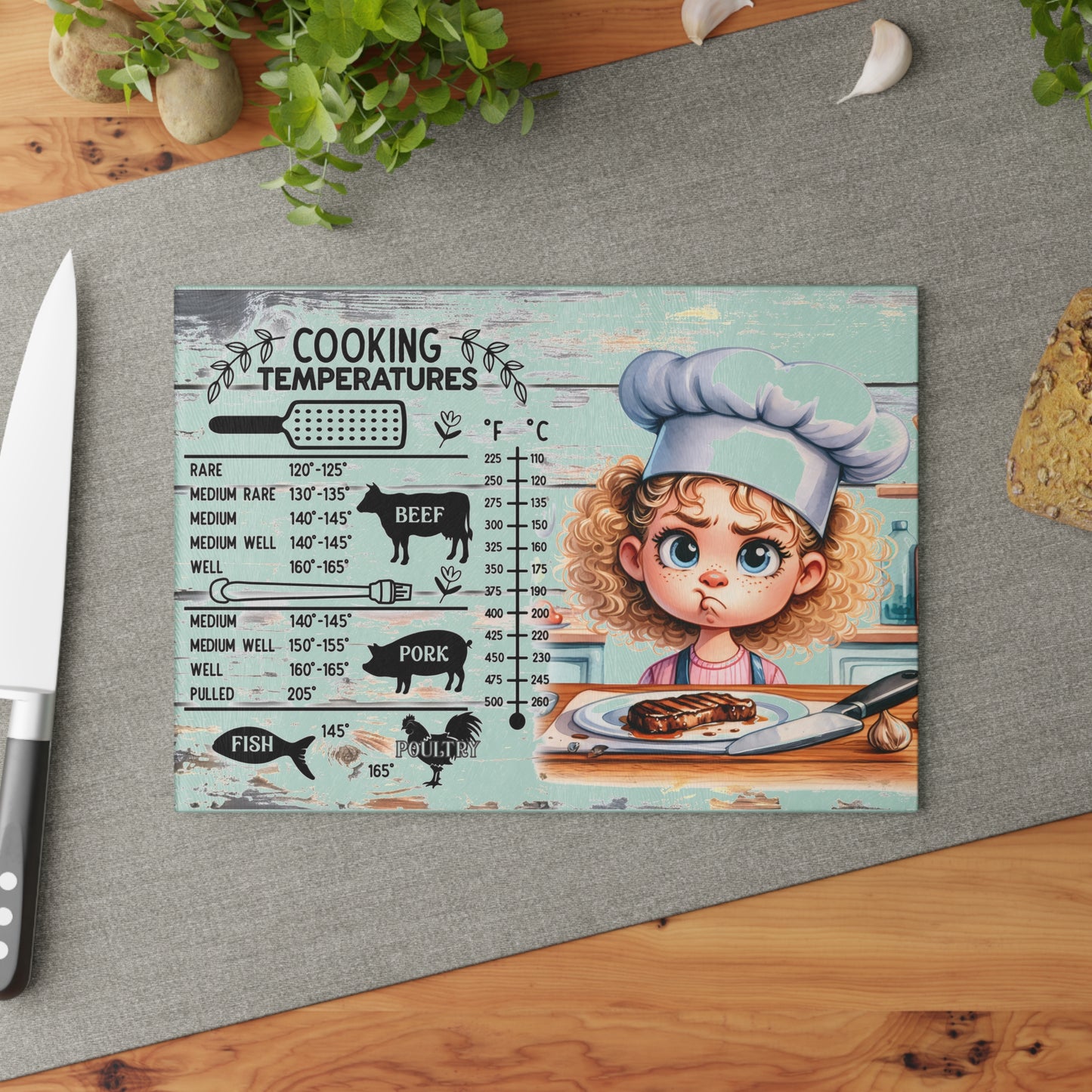 Glass Cutting Board — Cute Chef Cooking Temperatures Guide