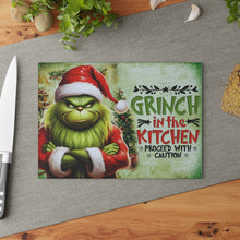 Load image into Gallery viewer, Grinch in the Kitchen Glass Cutting Board — Funny Christmas Holiday Kitchen Decor
