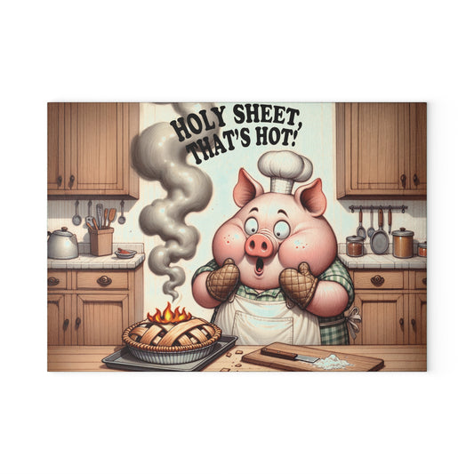Glass Cutting Board — 'Holy Sheet, That's Hot!' Retro Pig Chef Kitchen Decor