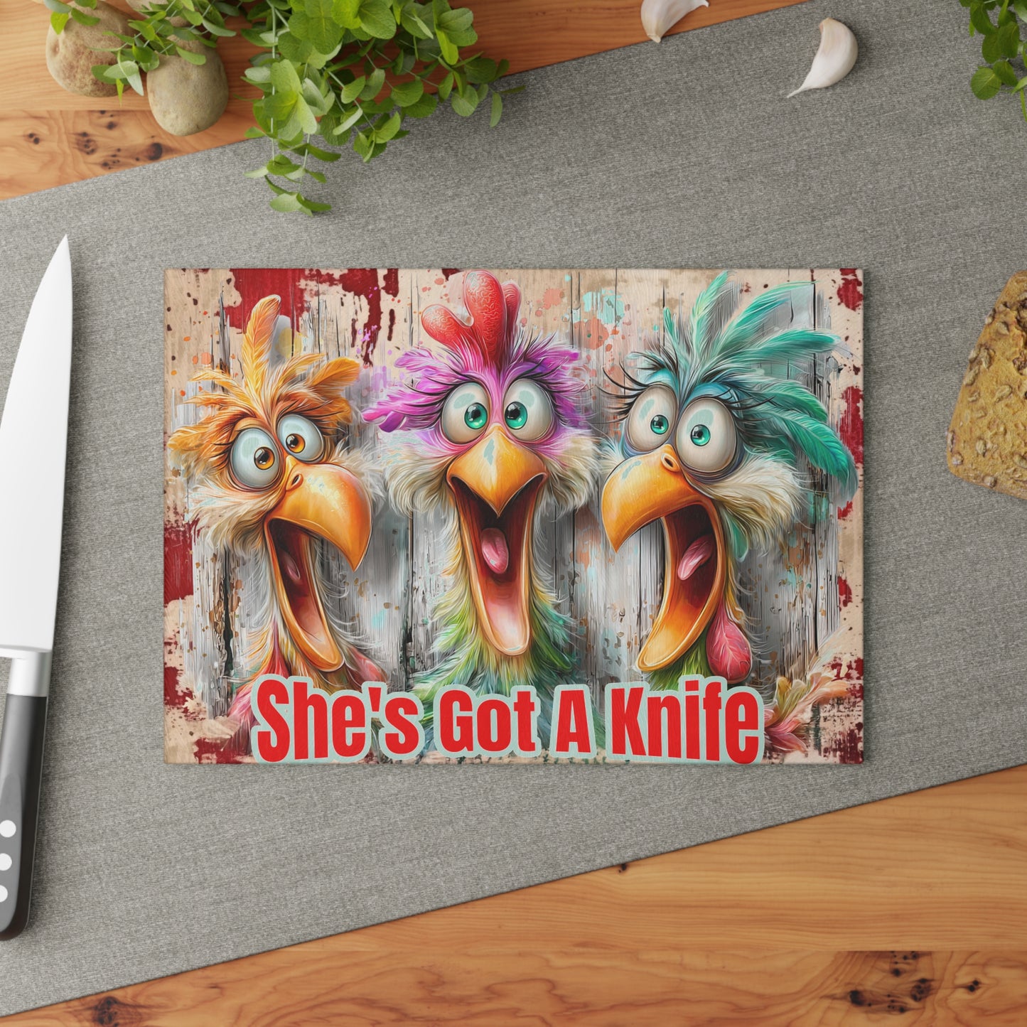 She's Got a Knife Glass Cutting Board — Funny Chicken Kitchen Decor