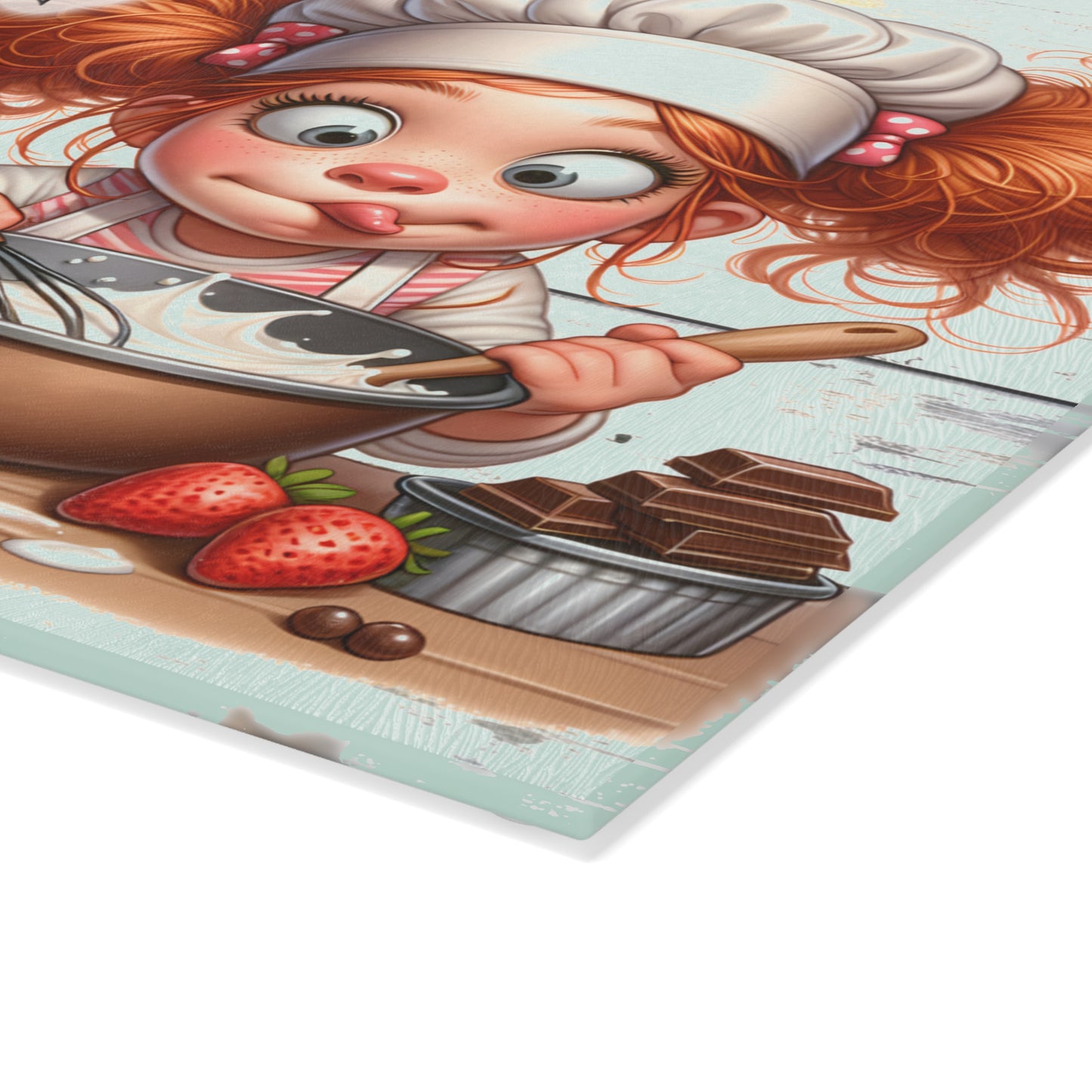 Glass Cutting Board — Cute Redhead Chef with Kitchen Conversions Chart
