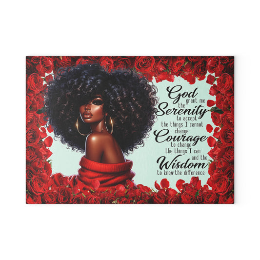 Glass Cutting Board — Serenity Prayer Design with Roses