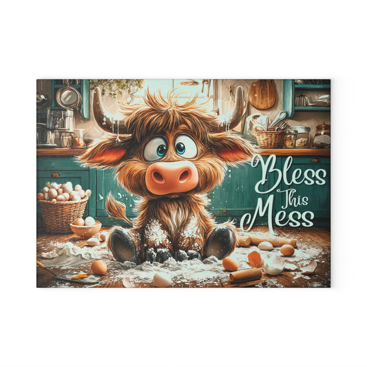 Glass Cutting Board — Cute Highland Cow Kitchen Decor “Bless This Mess”