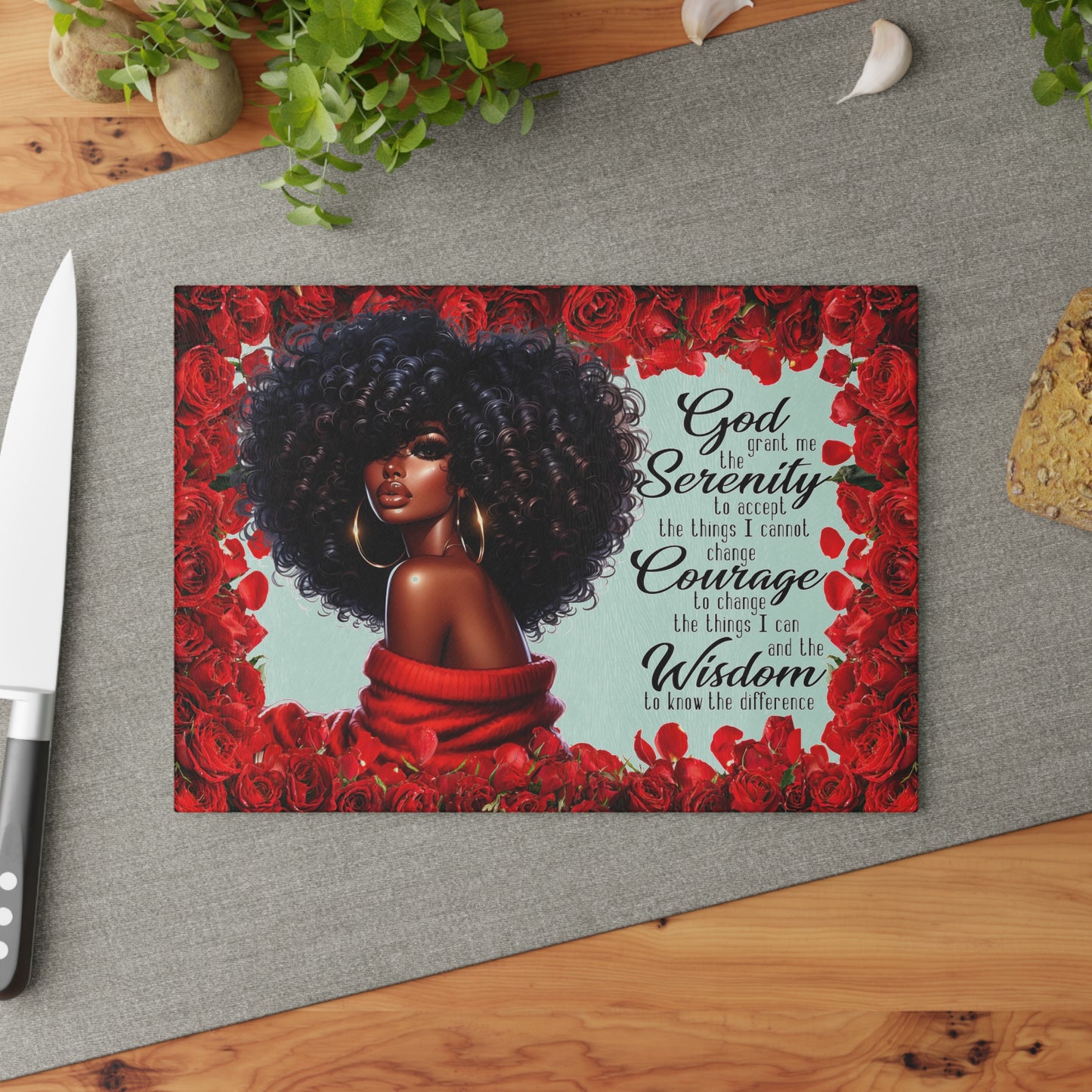 Glass Cutting Board — Serenity Prayer Design with Roses