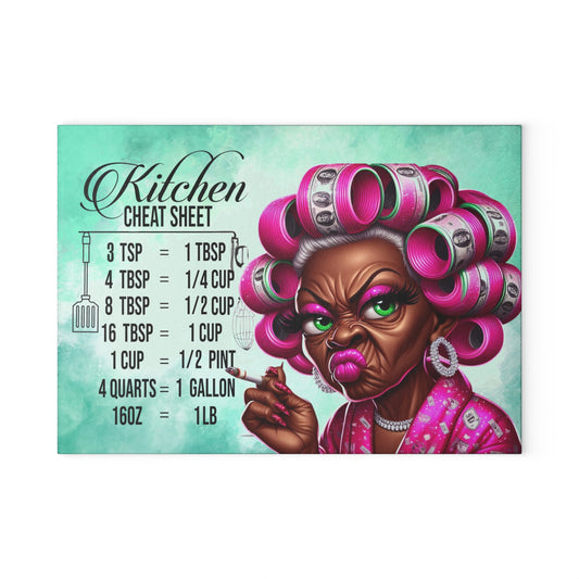 Kitchen Cheat Sheet Glass Cutting Board — Funny Grandma with Rollers Measurement Conversion