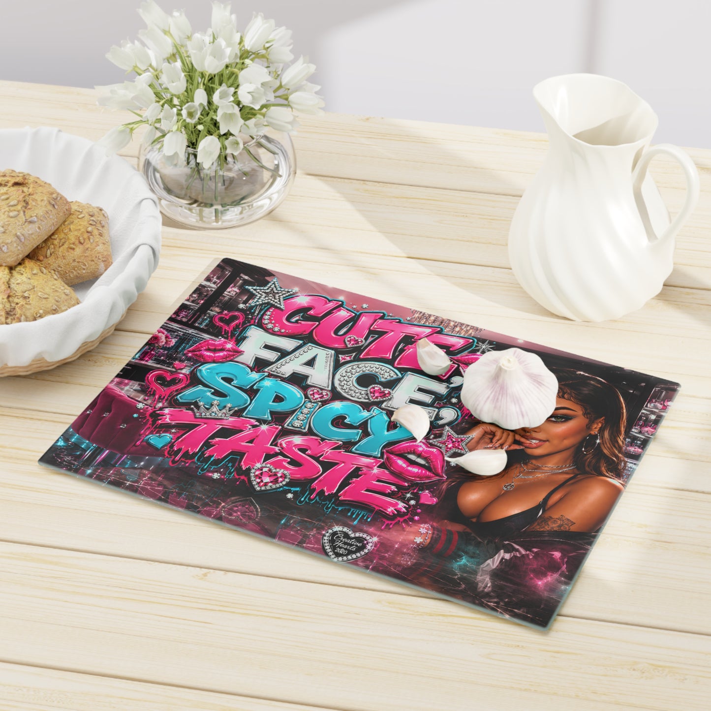 Cute Face Spicy Taste Glass Cutting Board – Glamorous Pop Art Kitchen Decor