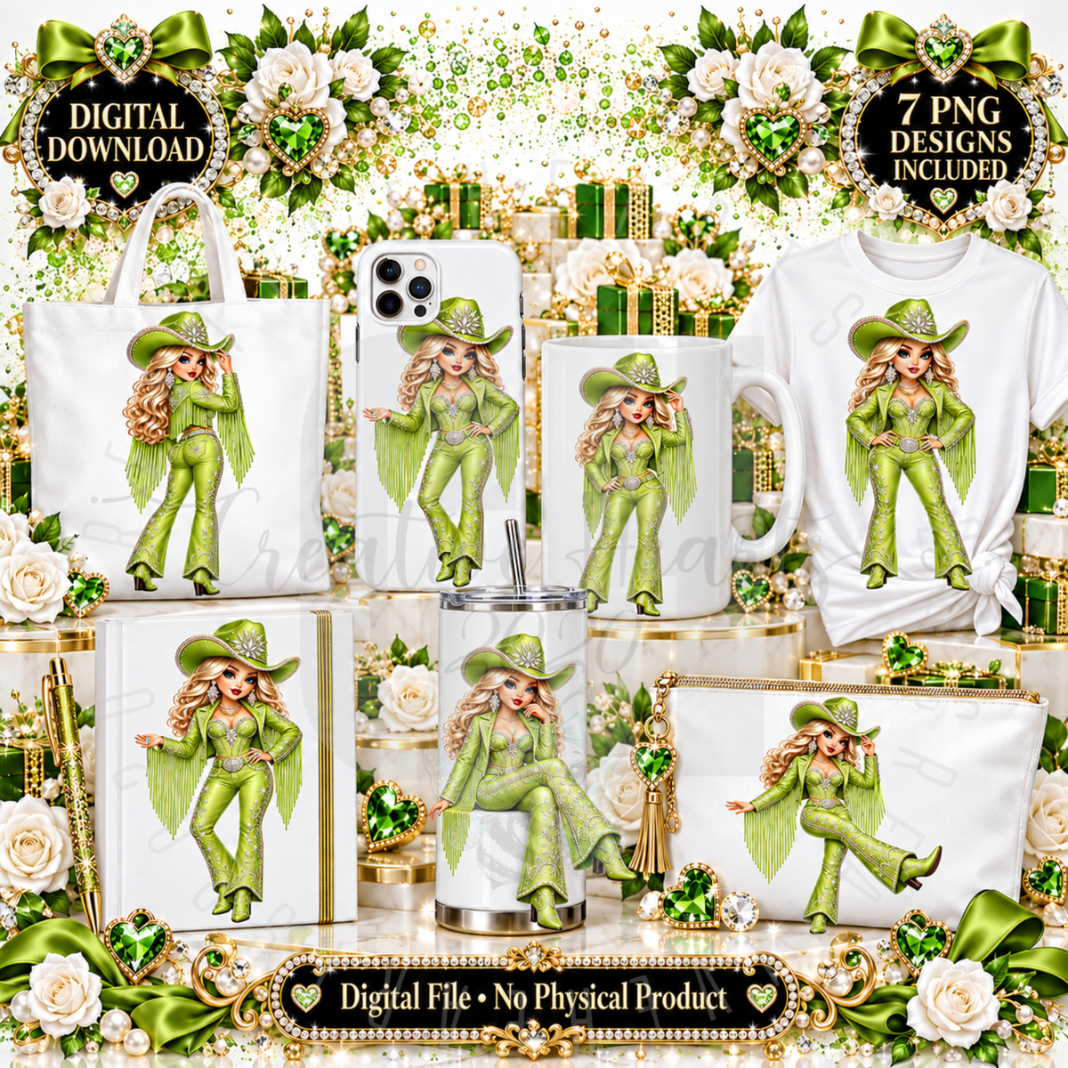 Green Fancy Cowgirl PNG Bundle | 7 Western Glam Digital Designs | Instant Download