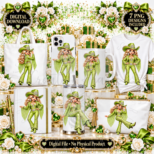 Green Fancy Cowgirl PNG Bundle | 7 Western Glam Digital Designs | Instant Download