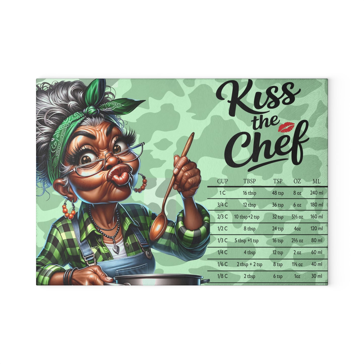Glass Cutting Board - "Kiss the Chef" Retro Grandma Kitchen Conversion Chart
