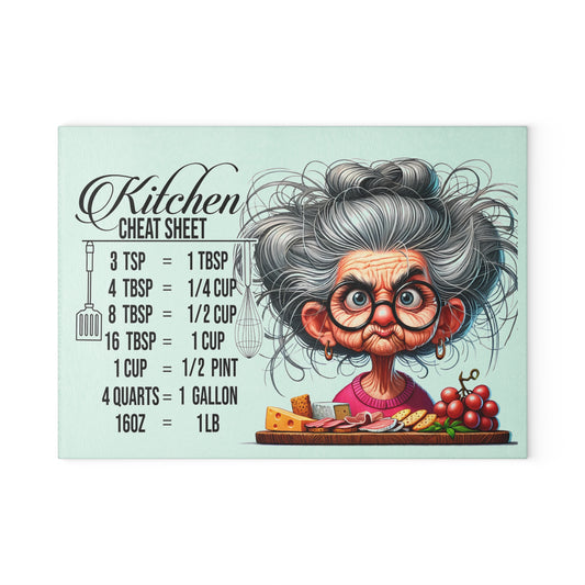 Glass Cutting Board — Funny Kitchen Cheat Sheet with Grandma Conversion Guide