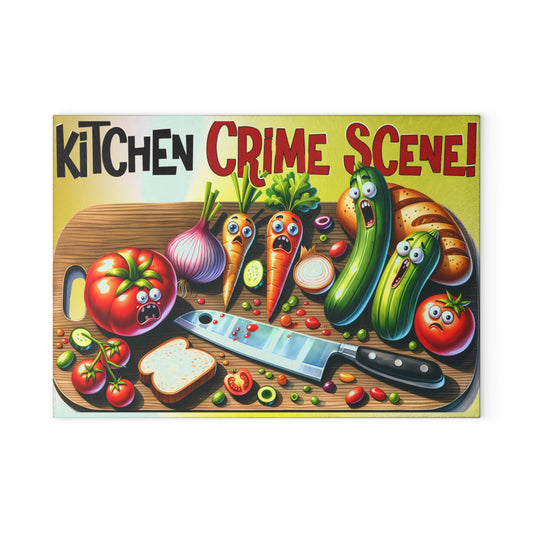 Kitchen Crime Scene Glass Cutting Board – Funny Vegetable Murder Chef Gift