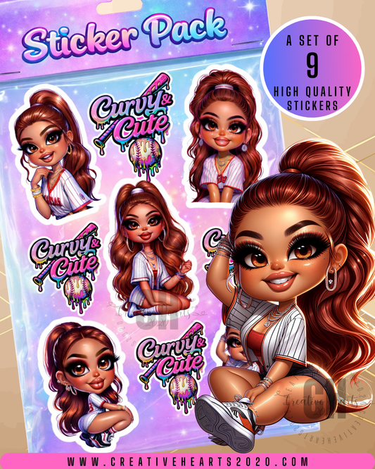 Curvy & Cute Chibi Sticker Pack (Digital Download) – Set of 9 Glossy Glam PNG Stickers