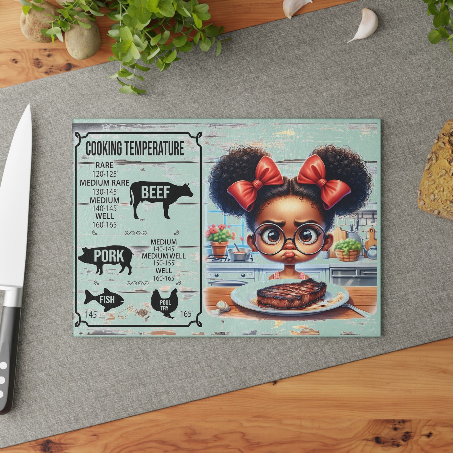 Glass Cutting Board with Cooking Chart & Cute Girl
