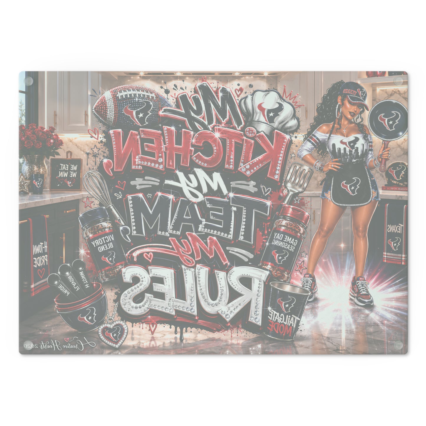 My Kitchen My Team My Rules Football Cutting Board — Houston Texans Fan Decor