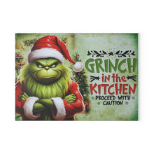 Load image into Gallery viewer, Grinch in the Kitchen Glass Cutting Board — Funny Christmas Holiday Kitchen Decor
