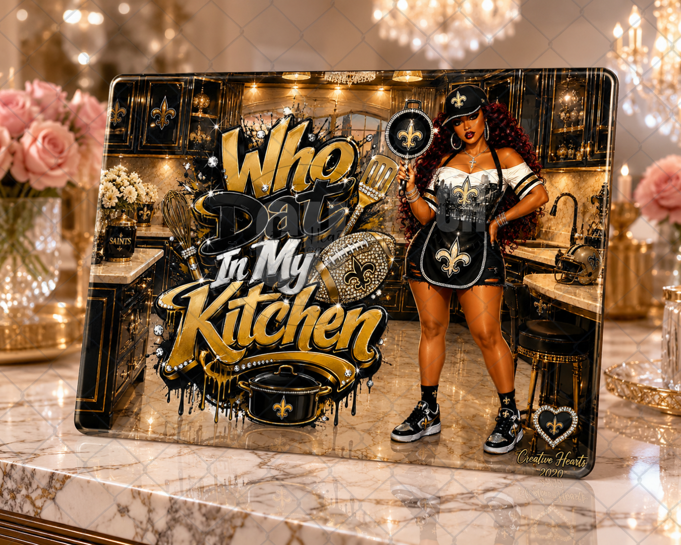 Who Dat In My Kitchen Cutting Board – New Orleans Saints Themed Decorative Glass Chopping Board