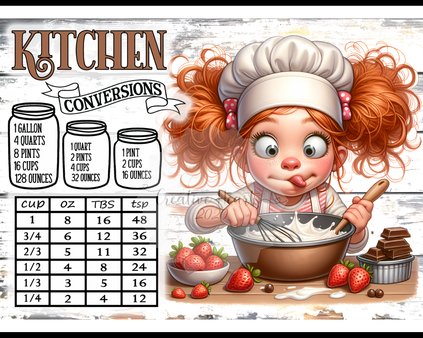 Glass Cutting Board — Cute Redhead Chef with Kitchen Conversions Chart
