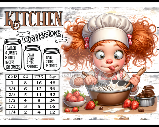 Glass Cutting Board — Cute Redhead Chef with Kitchen Conversions Chart