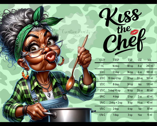 Glass Cutting Board - "Kiss the Chef" Retro Grandma Kitchen Conversion Chart