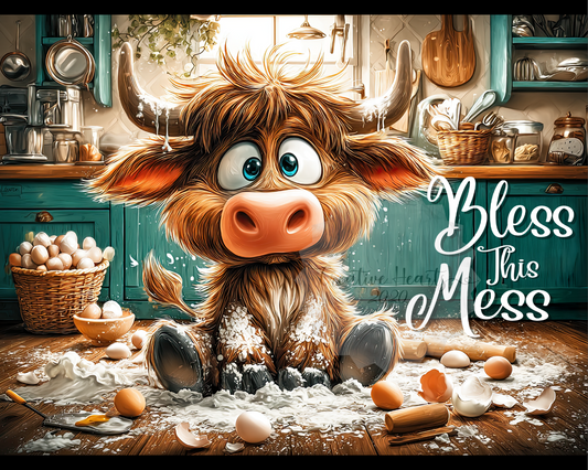 Glass Cutting Board — Cute Highland Cow Kitchen Decor “Bless This Mess”