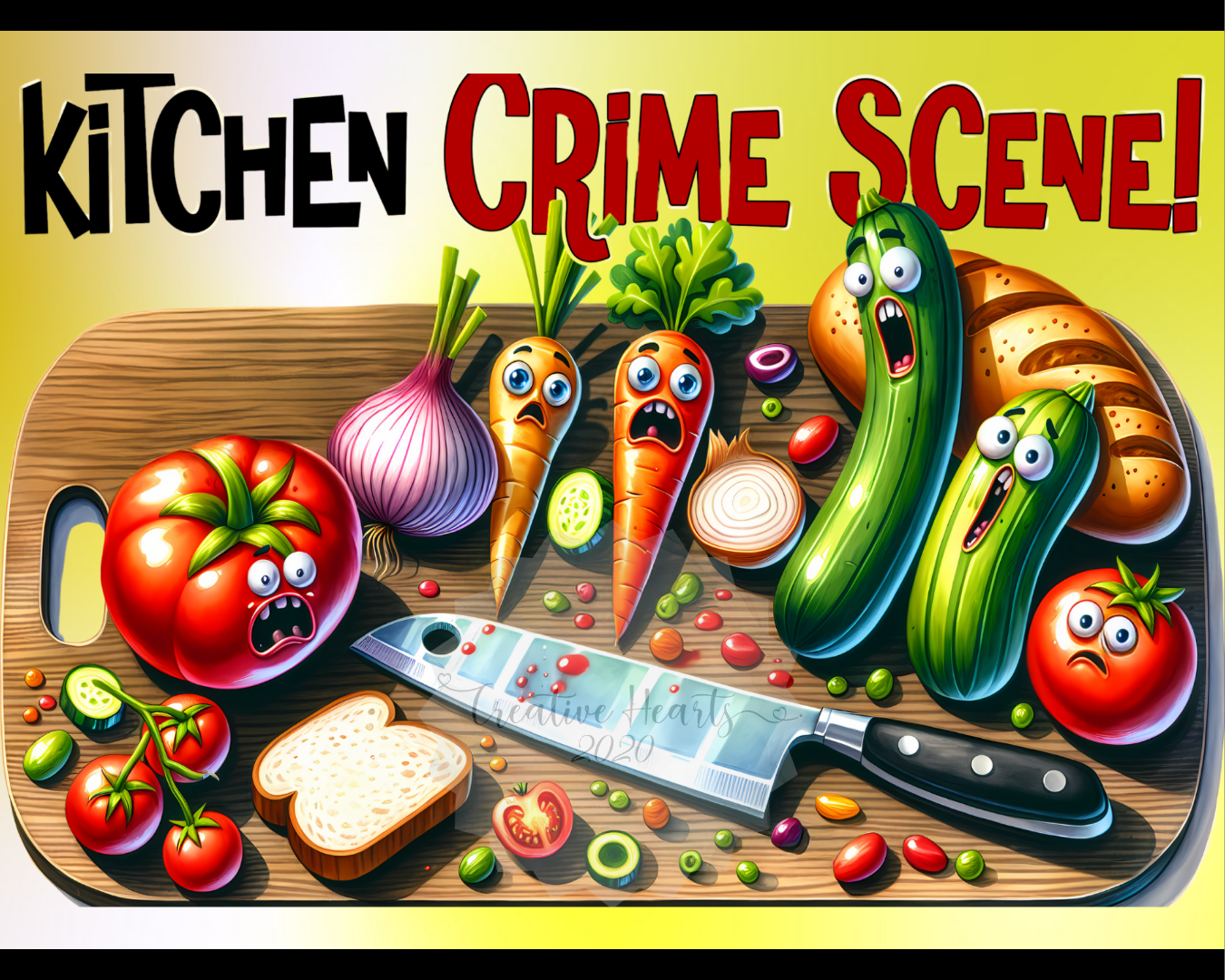 Kitchen Crime Scene Glass Cutting Board – Funny Vegetable Murder Chef Gift
